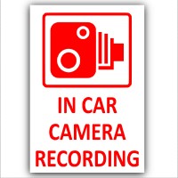  4 x 60x87mm Red on White- In Car Camera Recording Window Stickers-CCTV Sign -Van,Lorry,Truck,Taxi,Bus,Mini Cab,Minicab.White onto Clear Adhesive Vinyl Signs